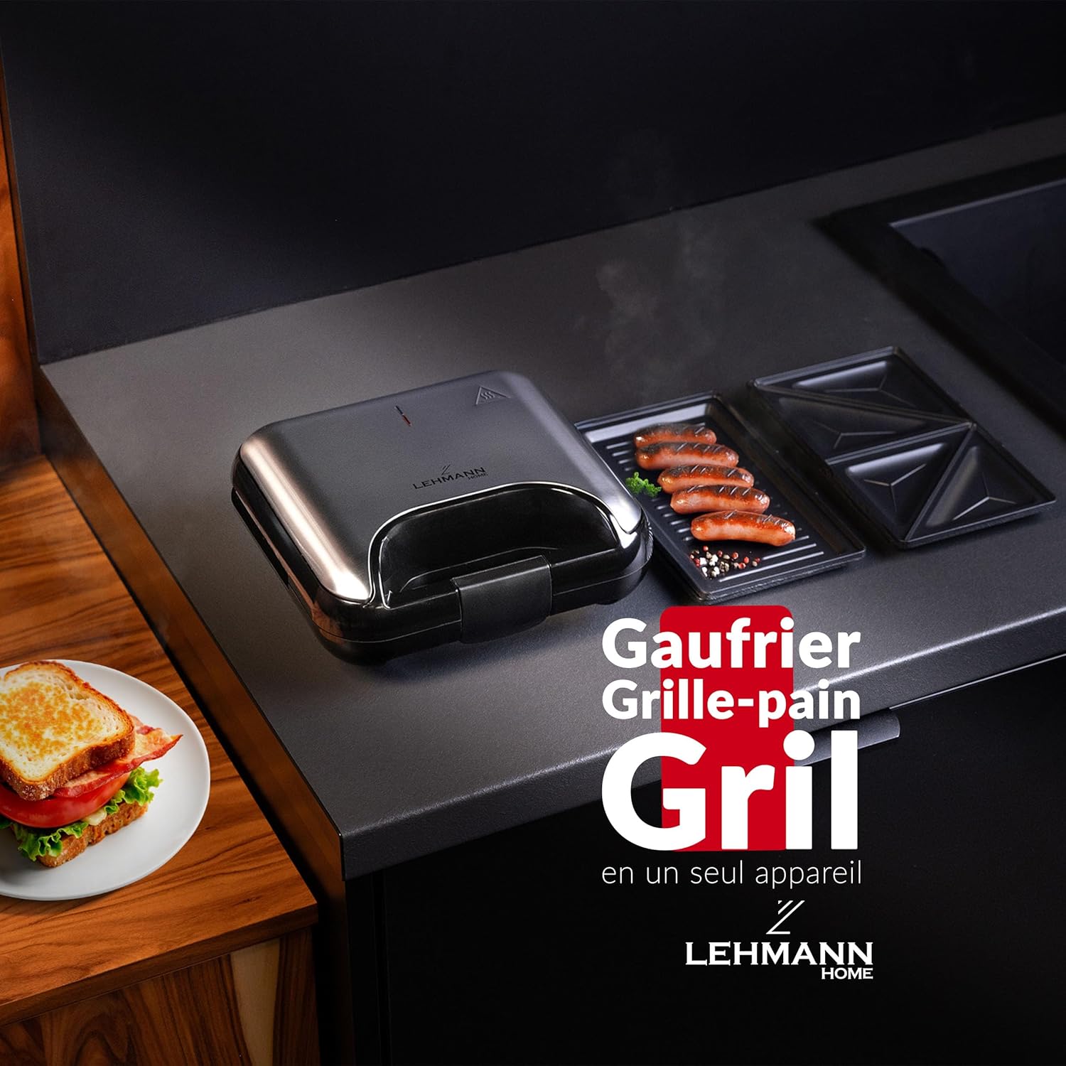 LEHMANN - Appareil 3-en-1, plaques interchangeables, revêtement antiadhésif, préparation rapide
