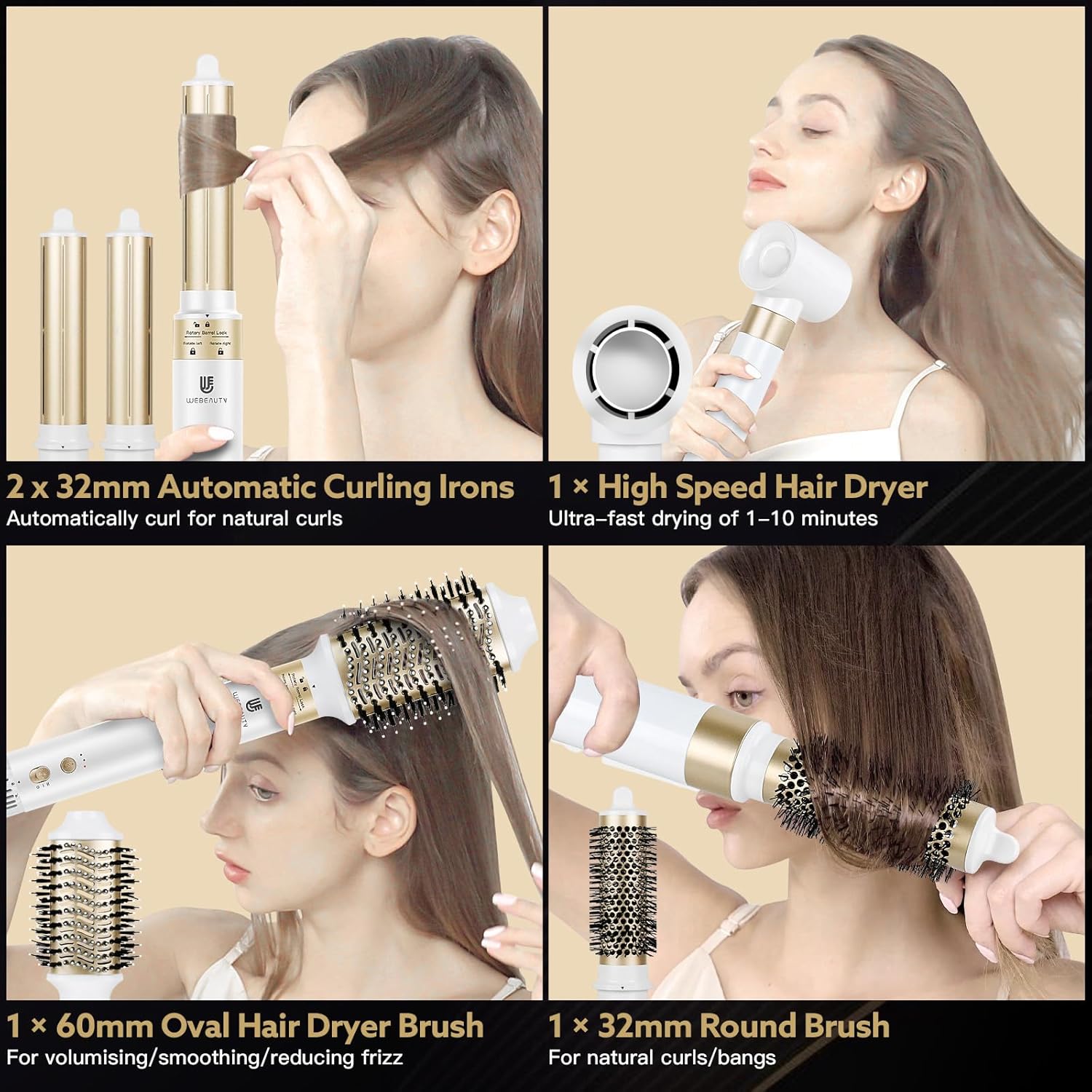 webeauty - Air Styler 6 en 1 - 110,000TR/MIN, 30M/S, ions négatifs, brosse, boucleur