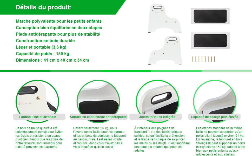 Détails du produit d'une planche d'équilibre en bois. Les caractéristiques incluent une surface antidérapante, une capacité de poids de 169 kg et des dimensions de 41 x 40 x 34 cm. Les images montrent la texture de la poignée et les bords arrondis.