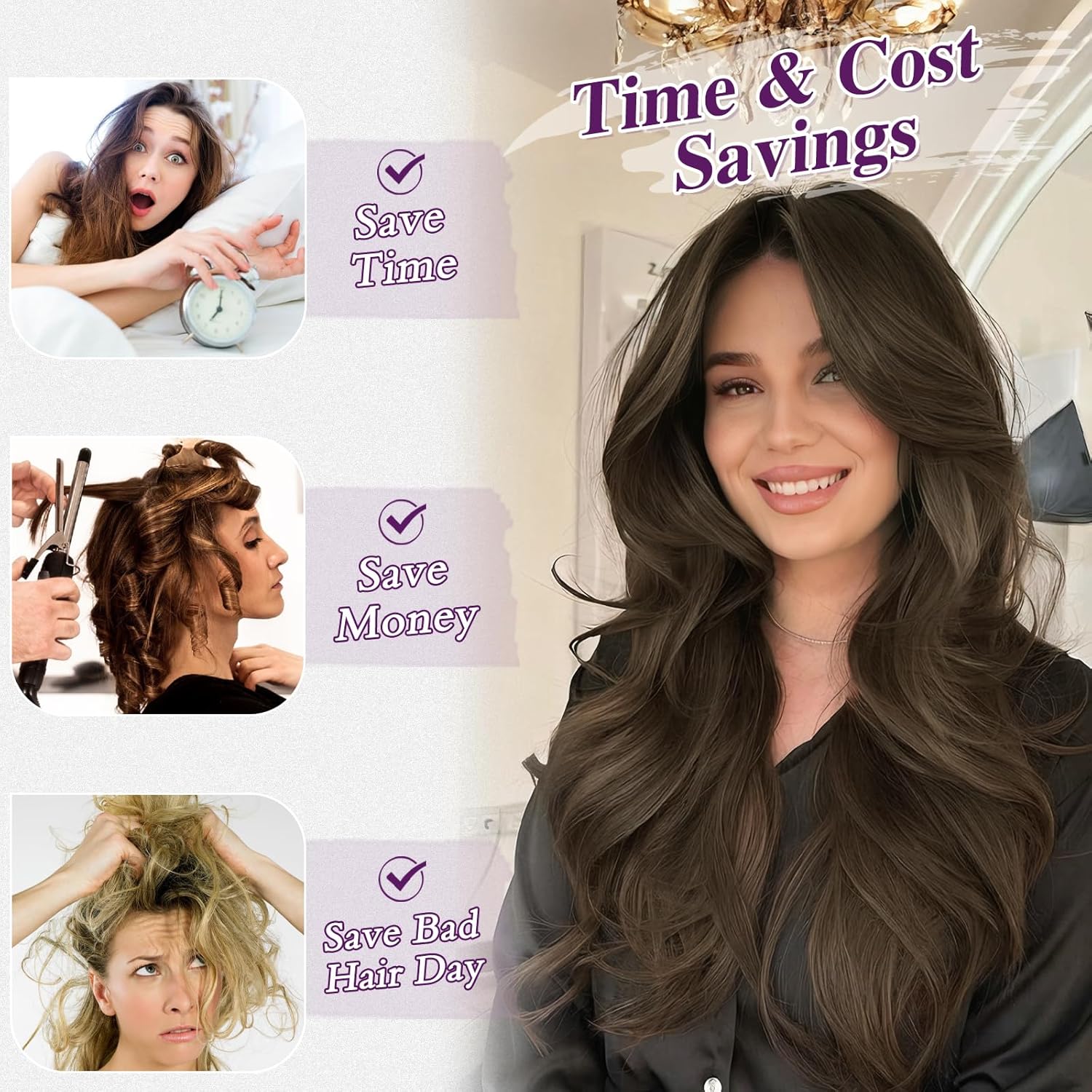 BARSDAR - Châtaigne Extension à Clip - 50cm - Ondulées, 5PCS, synthétique