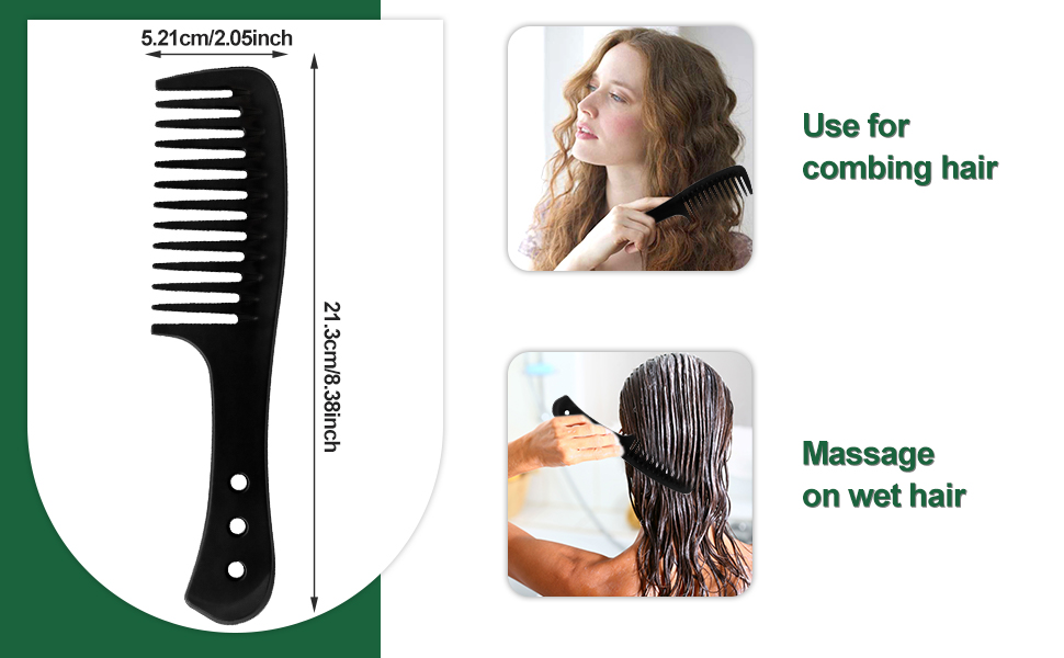 Peigne à cheveux noir à dents larges avec manche, mesurant 21 cm de long. Les images du produit montrent son utilisation pour le peignage et le massage des cheveux mouillés