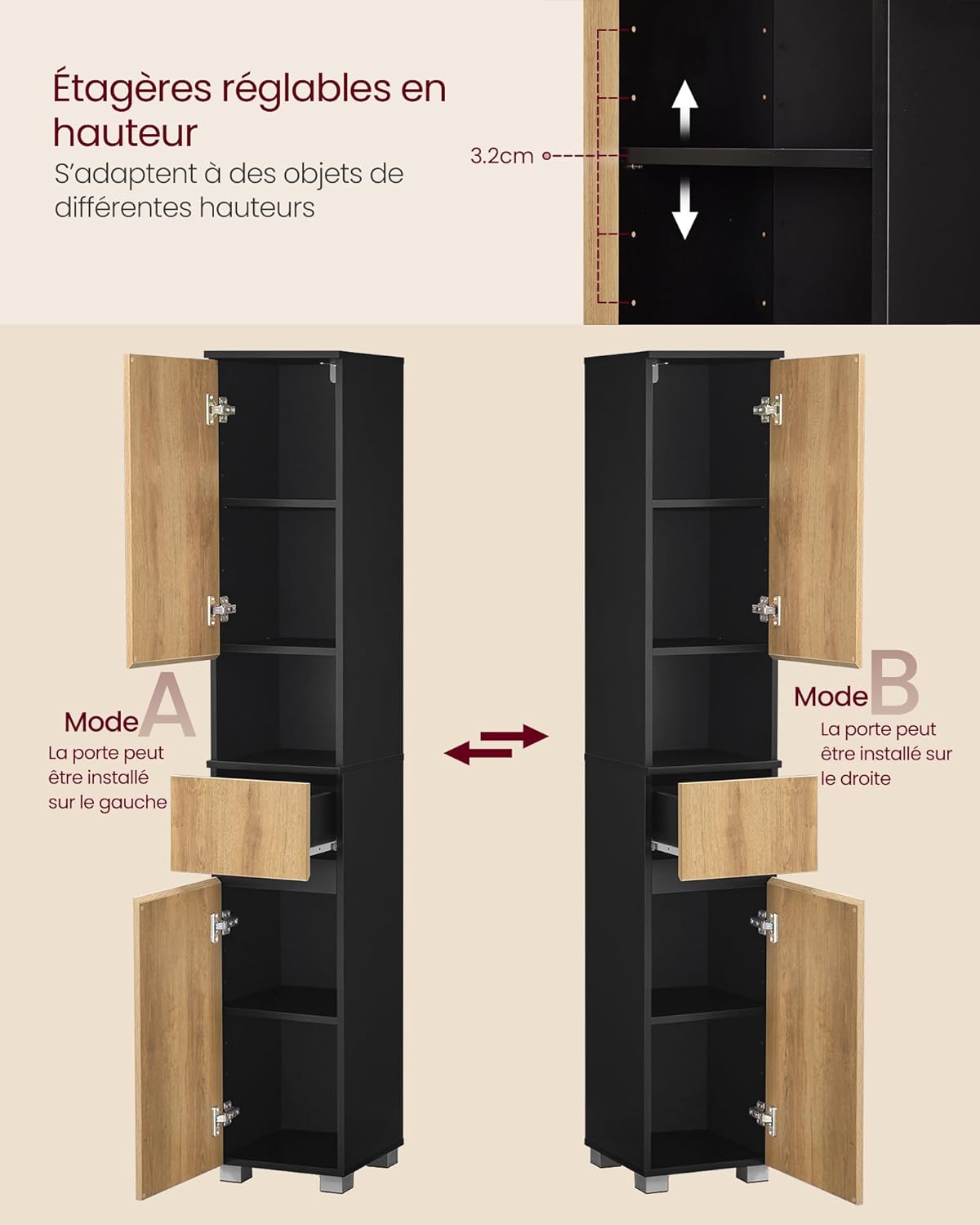 VASAGLE - armoire colonne salle de bain 30x30x170 cm tiroir étagères BBK560BC01