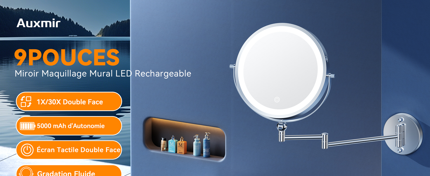 Le texte indique « 9 POUCES » avec une barre d'accent orange. Images du produit montrant le processus d'installation ou de montage avec les spécifications techniques et les mesures.