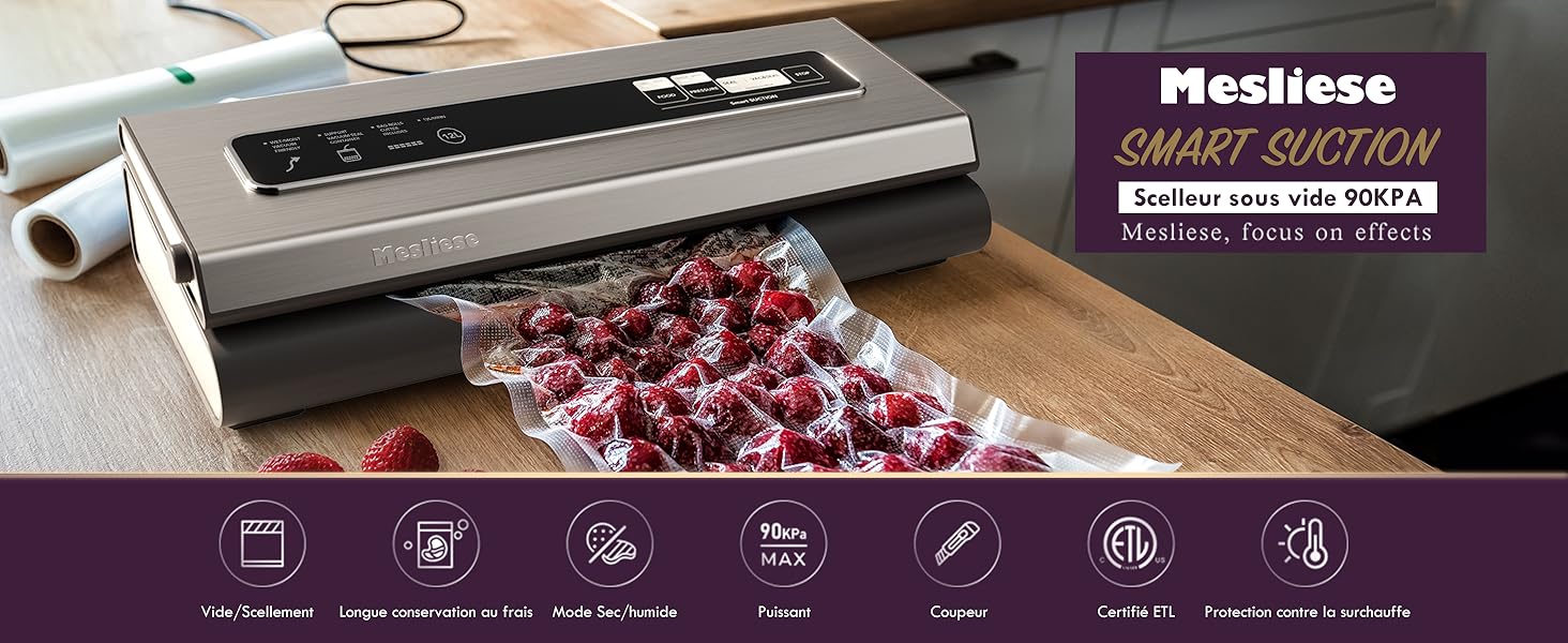 pour sceller les fruits rouges. Le nom du produit « Megliese Smart Suction » est visible. Les icônes ci-dessous indiquent diverses fonctionnalités, telles que plusieurs modes de scellage et le contrôle tactile.