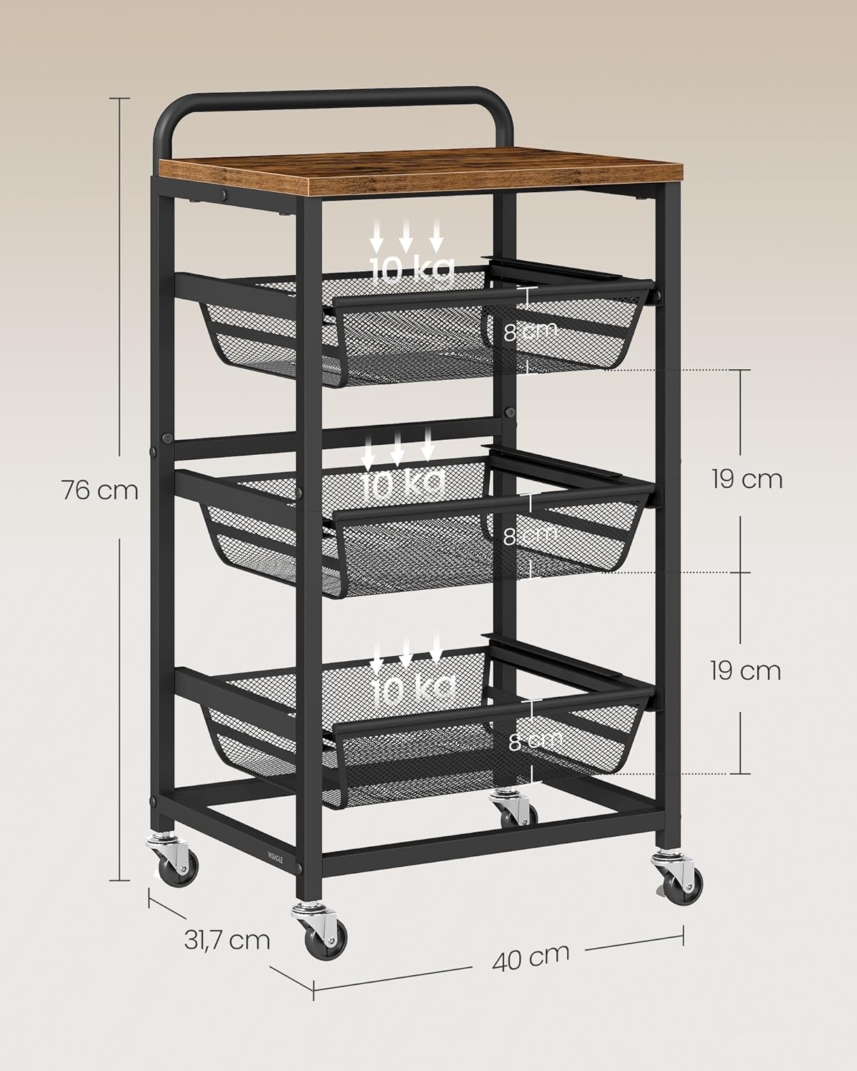 VASAGLE - Chariot de rangement 4 niveaux, paniers extractibles, 31,7x40x76cm, poignée, roulettes, LRC040K01