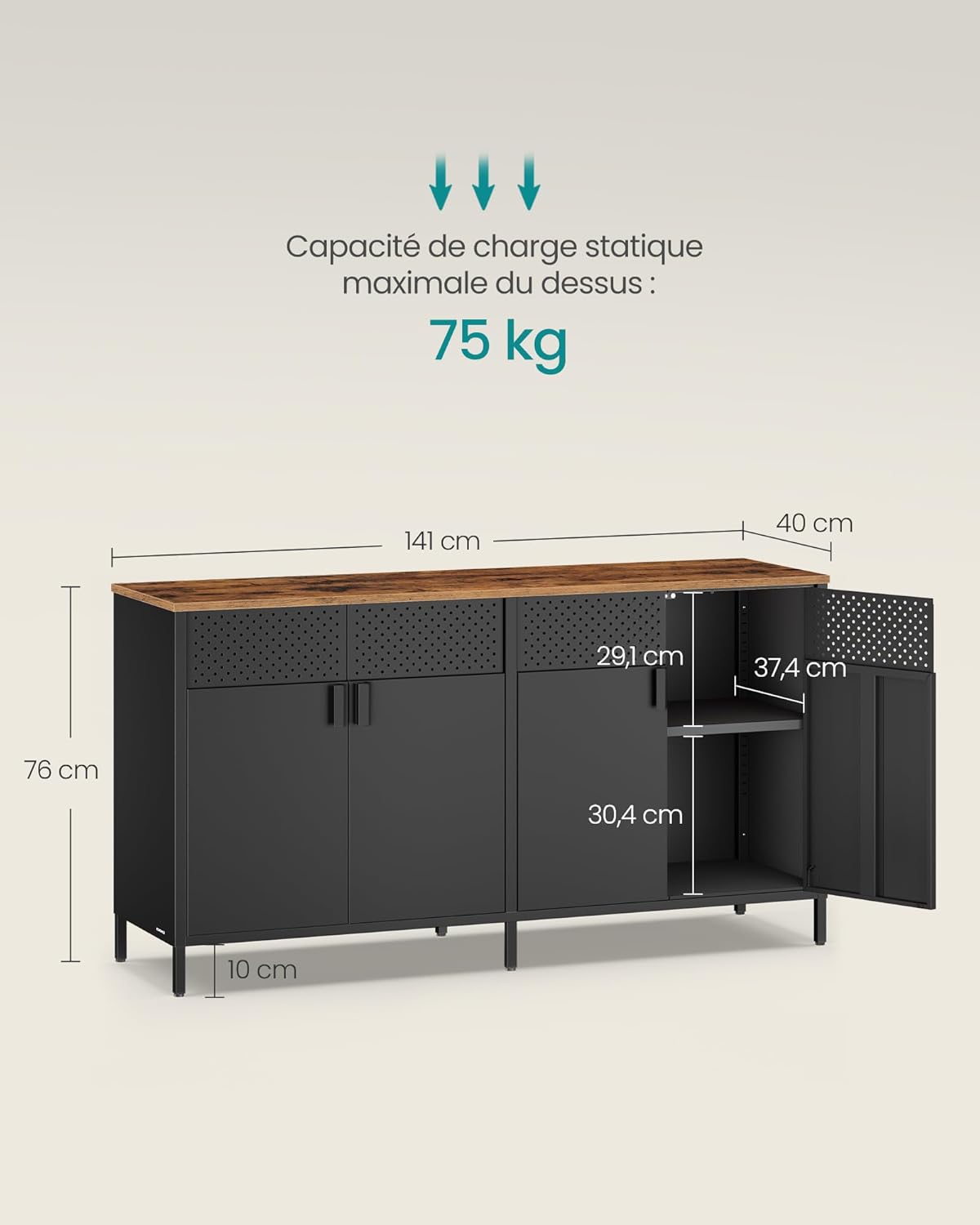 SONGMICS - buffet métal série LSC205BD01 - 40x141x76 cm - 4 portes magnétiques