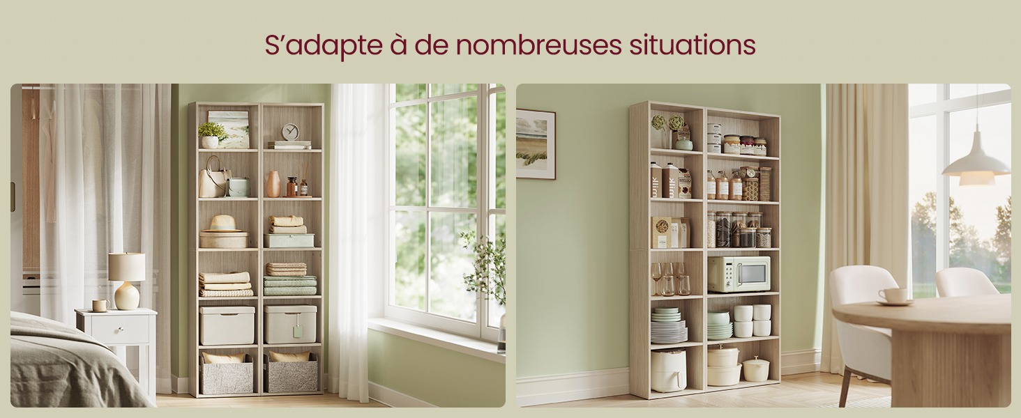 Scène d'intérieur présentant des étagères et des bibliothèques blanches intégrées dans une pièce lumineuse et spacieuse dotée