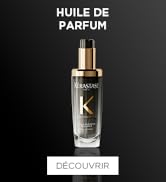 Le texte se lit comme suit : « HUILE DE PARFUM ». Flacon de parfum de luxe avec bouchon doré sur fond noir, emballage du produit de marque Kerastase visible.