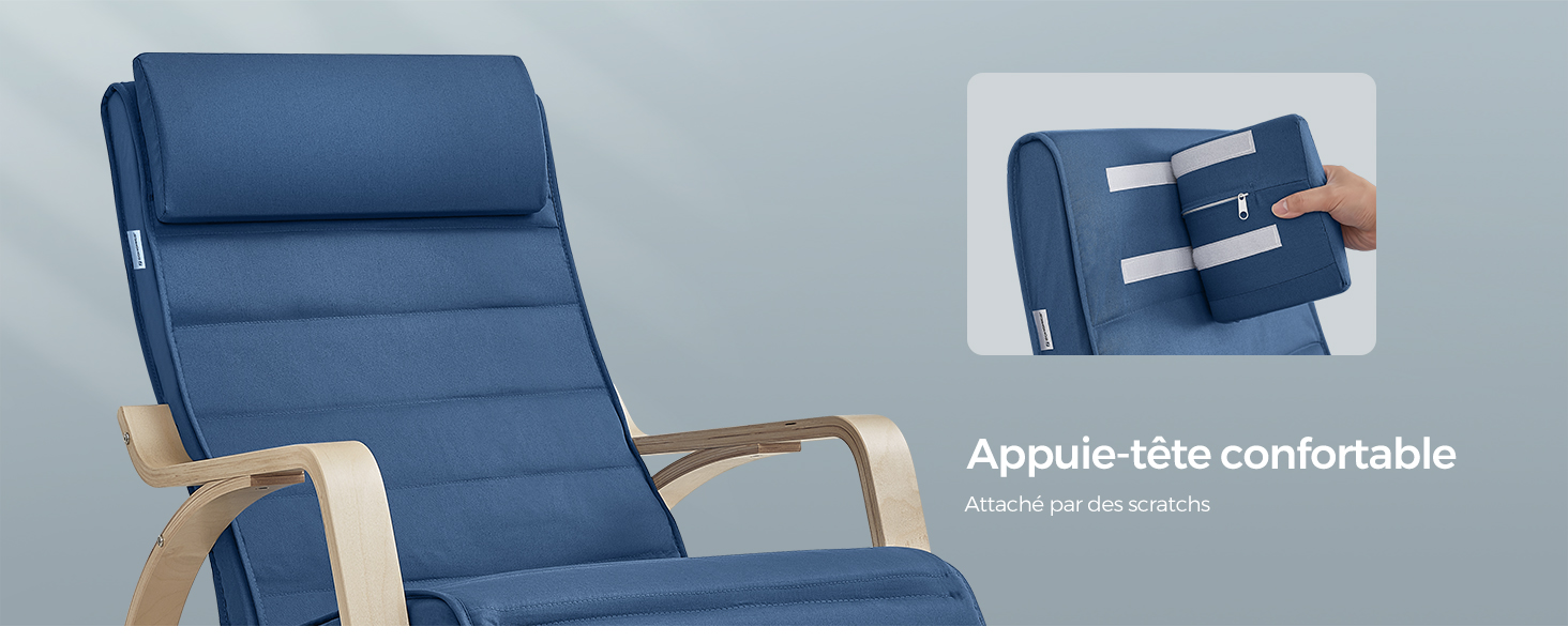 avec accoudoirs en bois, illustré entièrement étendu et avec un gros plan de son appui-tête réglable. Le texte indique « Appuie-tête