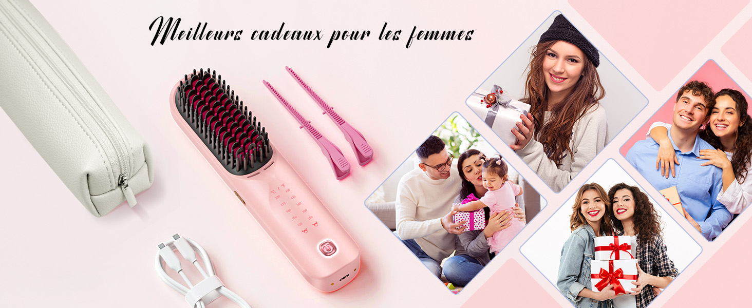 Le texte indique « Meilleure coupe pour la femme ». Collage de produits sur le thème rose présentant des articles de beauté et de soins personnels, notamment des pinceaux et des appareils électroniques.