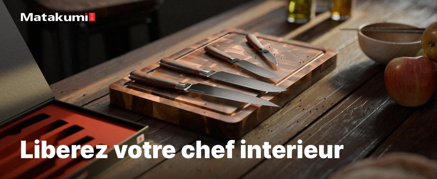 Le texte indique « Matakumi » et « Libérez votre chef intérieur ». Planche à découper en bois avec couteaux et outils de cuisine disposés dans un cadre rustique.