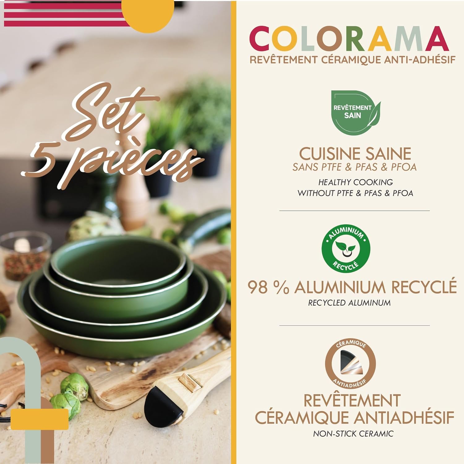 MENASTYL - Colorama batterie cuisine amovible, olive, induction, 4 pièces + poignée