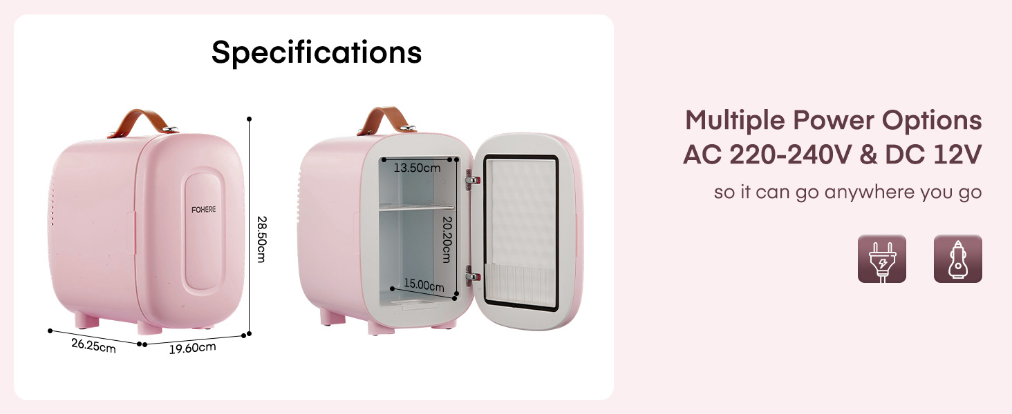 Le texte indique « Spécifications », montrant l'appareil de couleur rose avec les détails techniques et les mesures affichés