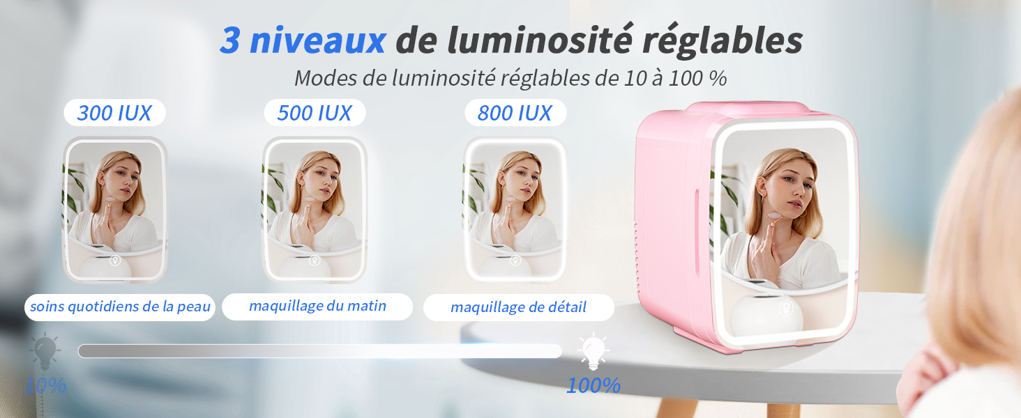 avec trois niveaux de luminosité réglables : 300, 500 et 800 lux. Base en forme de cube rose avec surface miroir illuminée présentant différents effets de lumière