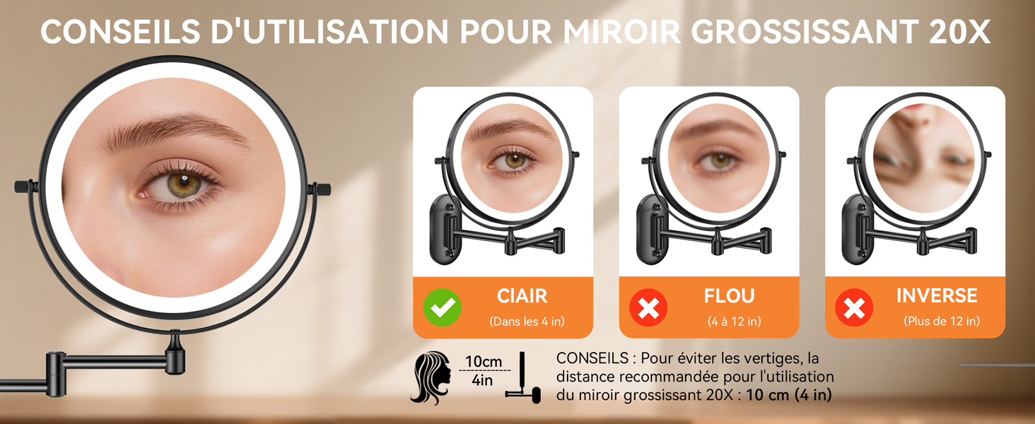 Le texte se lit comme suit : « CONSEILS D'UTILISATION POUR MIROIR GROSSISSANT 20X ». Progression à quatre panneaux montrant les instructions d'utilisation du miroir grossissant avec des icônes circulaires.