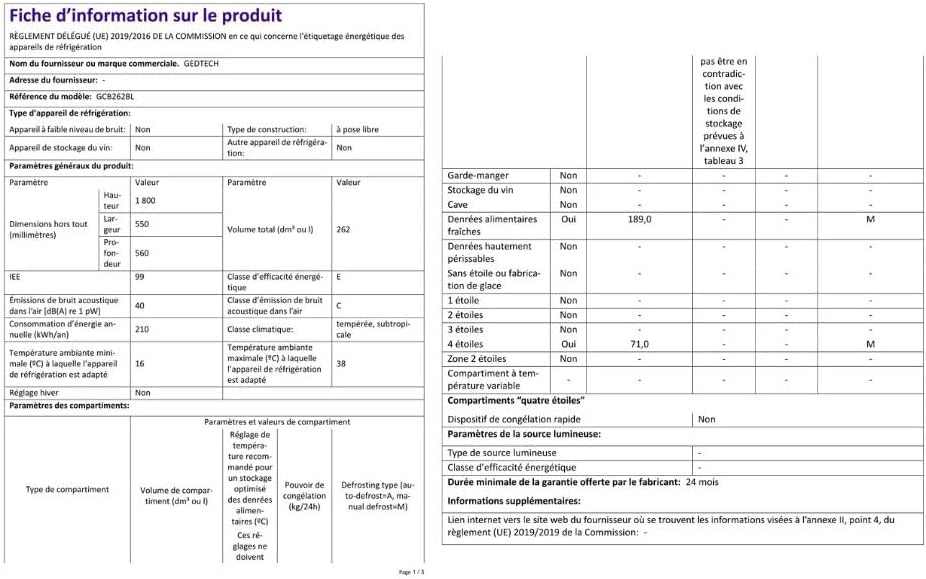 GEDTECH - réfrigérateur combiné bas - 262L, classe E, noir - GCB262BL