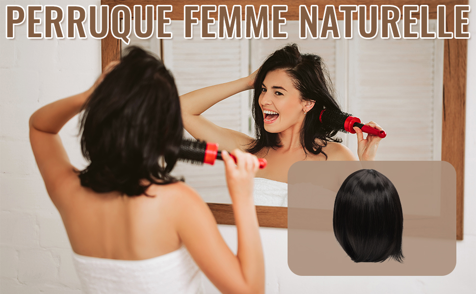 Le texte indique « PERRUQUE FEMME NATURELLE ». Plusieurs montures illustrant les techniques et les résultats de coiffure.