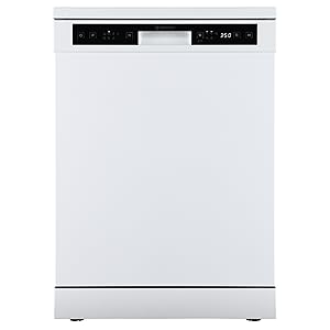 un lave-vaisselle blanc avec un panneau noir.