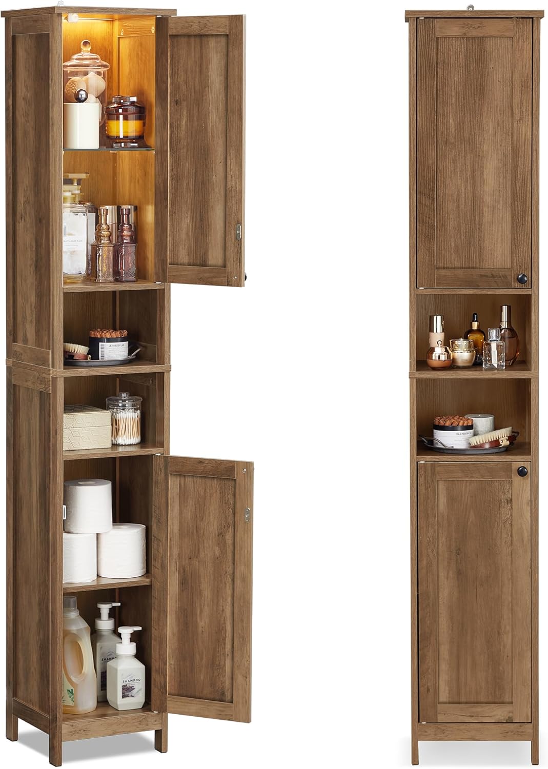 VASAGLE - armoire de salle de bain haute - 30 cm - étagères réglables, éclairage, marron miel - BBK566KB01