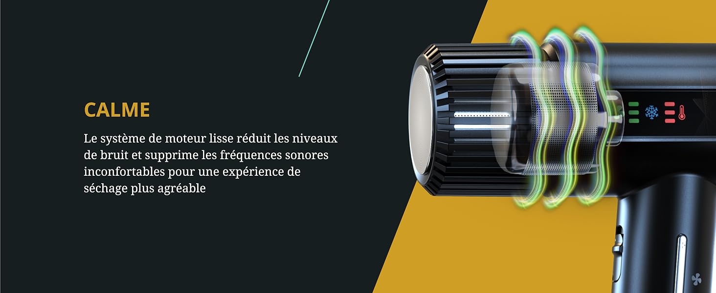 Le texte se lit comme suit : « CALME ». Gros plan d'un appareil électronique noir élégant avec des éléments d'affichage verts sur fond jaune et noir.