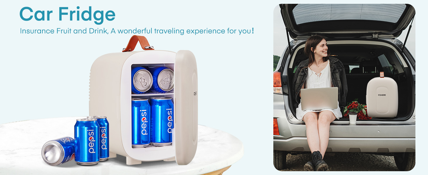 Réfrigérateur de voiture portable avec boissons à l'intérieur, montré à la fois fermé et en cours d'utilisation dans le coffre d'une voiture.