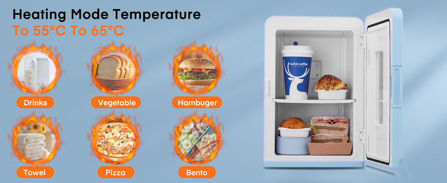 présentant les modes de chauffage de 35 à 65 °C avec des icônes alimentaires, notamment des boissons, des légumes et des produits surgelés