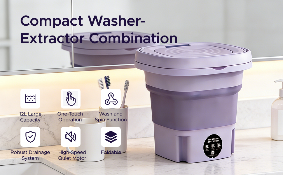 Le texte indique « Combinaison laveuse-extracteur compacte ». Appareil de lavage portatif de couleur violette illustré avec plusieurs récipients de détergent blancs disposés à côté.