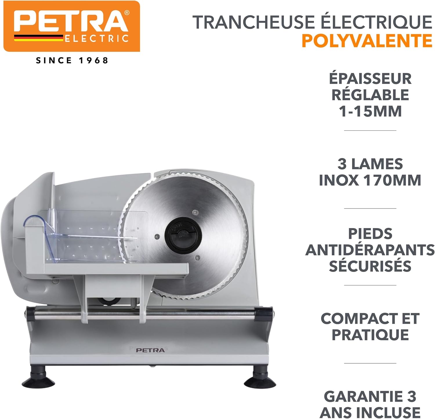 Petra - Trancheuse électrique, 170mm, 3 lames inox, épaisseur réglable