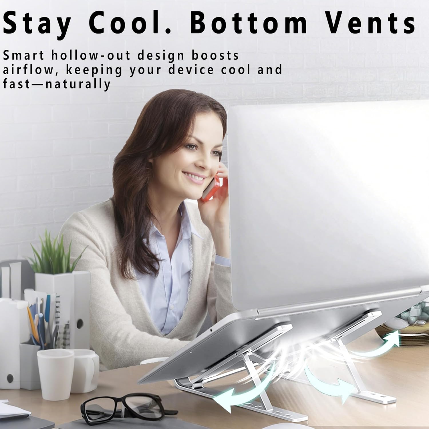 AiTodos - Support ordinateur portable pliable alu léger - 6 réglages, ventilation, compact, argent