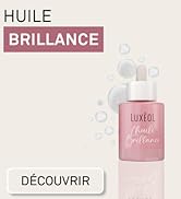 Le texte indique « HUILE », « BRILLANCE », « DÉCOUVRIR ». Flacons cosmétiques roses affichés sur fond neutre clair, mettant en valeur un emballage de produits de beauté minimaliste.