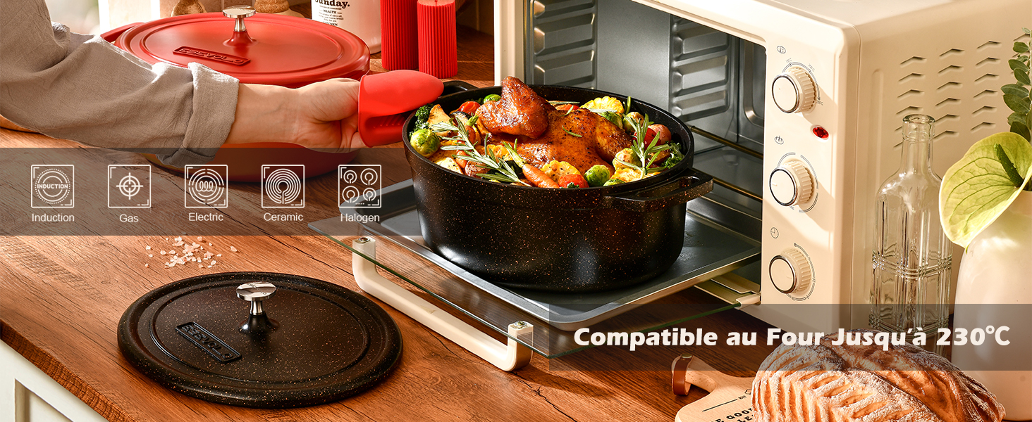 Le texte indique « Compatible du FMH jusqu'à 230 °C ». Plusieurs images montrant le processus de cuisson avec divers plats préparés dans des équipements de cuisine.