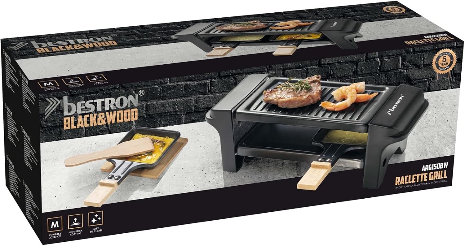 Bestron - mini appareil à raclette 2 pers - 350W, antiadhésif, noir/bois