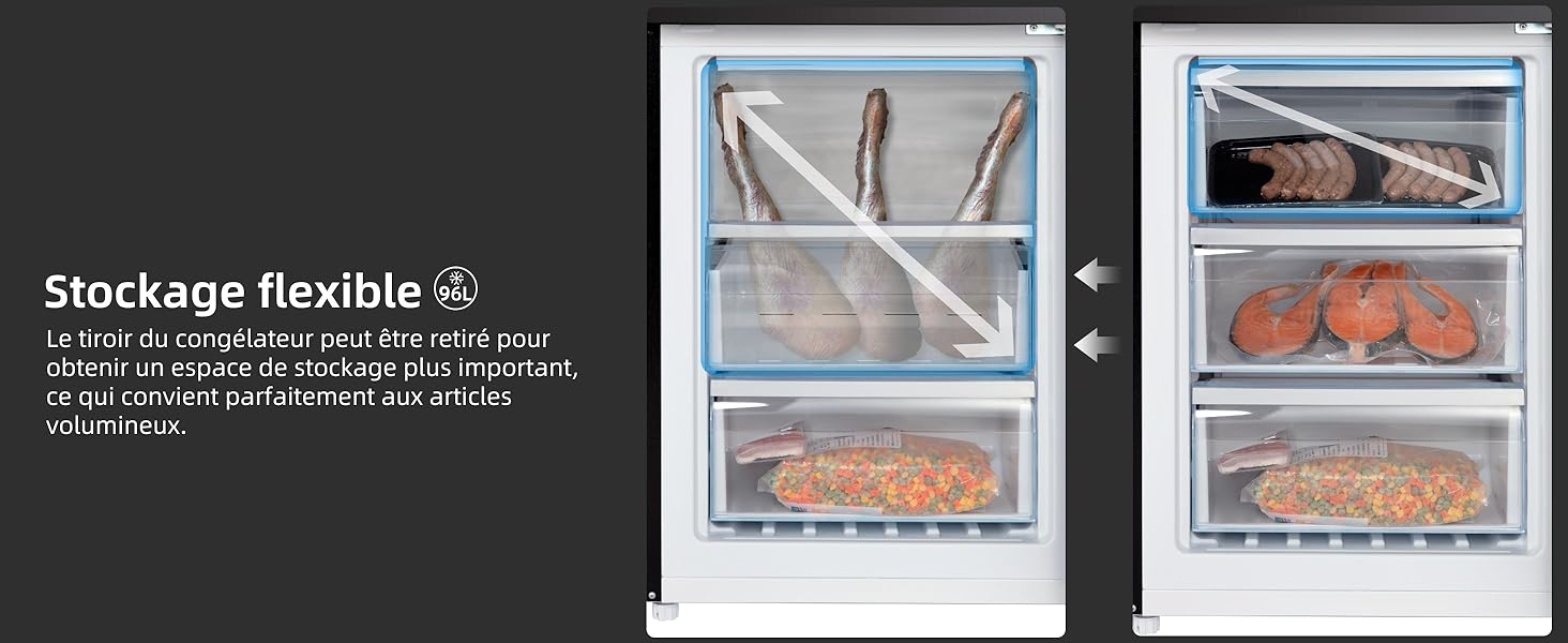 avec options de rangement flexibles. Plusieurs tiroirs transparents illustrés contenant des aliments surgelés, illustrant des compartiments ajustables.