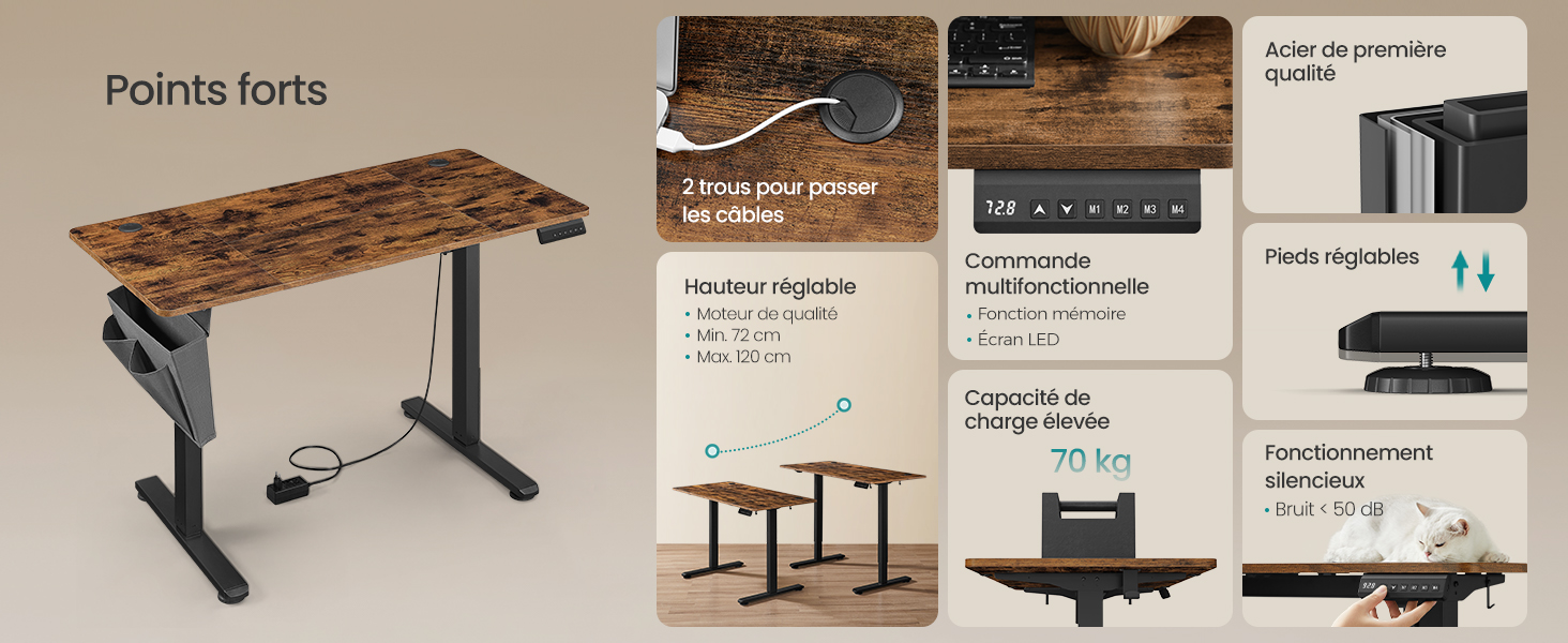 Bureau réglable en hauteur avec plateau en bois rustique et cadre noir, illustré avec de multiples images illustrant les commandes de réglage et les spécifications