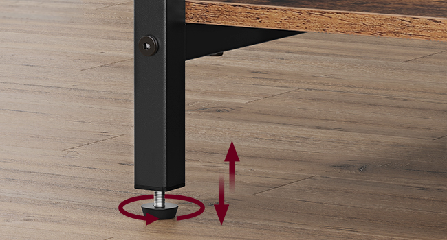 Schéma rapproché d'un pied de meuble réglable ou d'un support de meuble en finition noire, montrant le mouvement de rotation avec indicateur de flèche rouge.