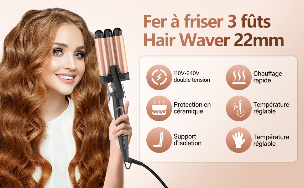 à triple barillet de 22 mm, finition or rose, illustré par des icônes de spécification indiquant la tension, la protection céramique