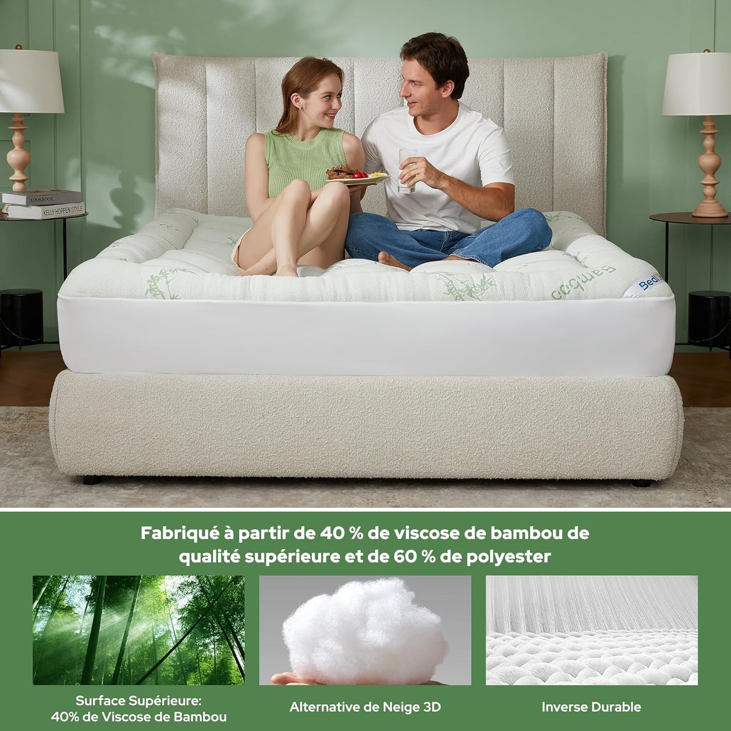 BEDLORE - Surmatelas matelassé série Bambou - 160x200 cm - respirant, bonnet 40 cm, Oeko-Tex