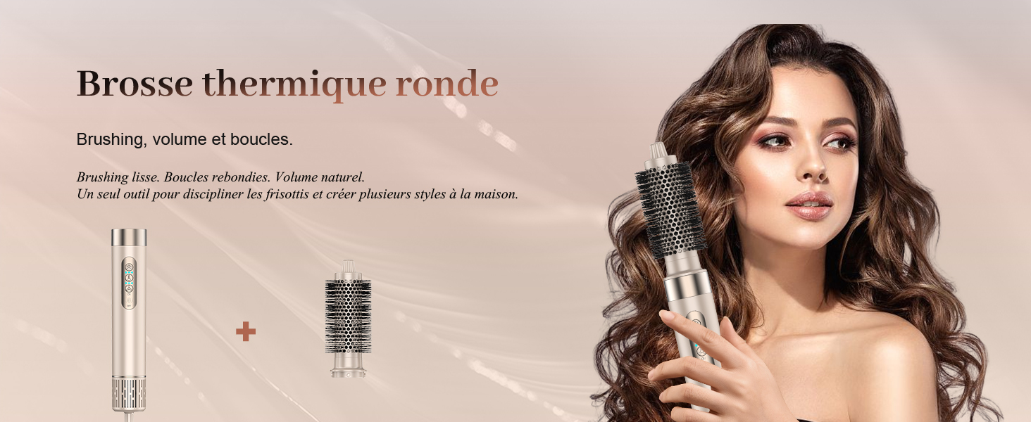 Le texte indique « Brosse thermique ronde ». Publicité d'outil de coiffage professionnel montrant un pinceau rond sur fond rose.