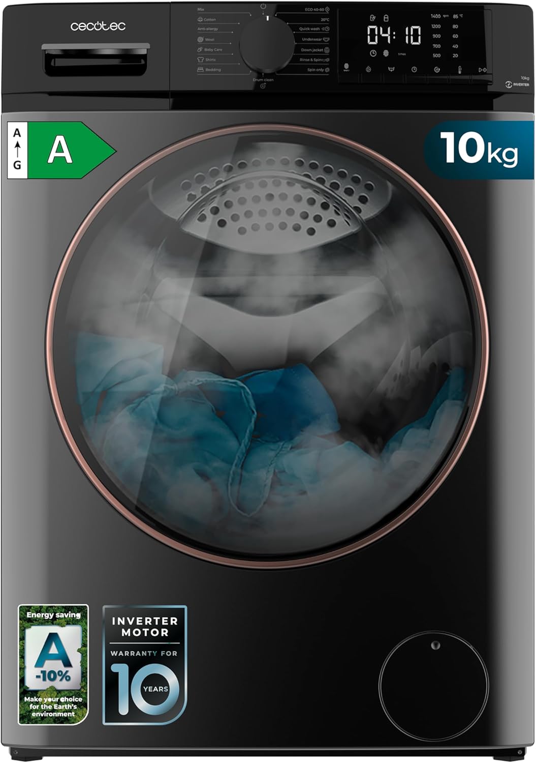 Cecotec - DressCode 10610 Inverter - 10kg - 1400 RPM, Steam Max, 15 programmes, OnSmart, Stop&Go, Drum Clean