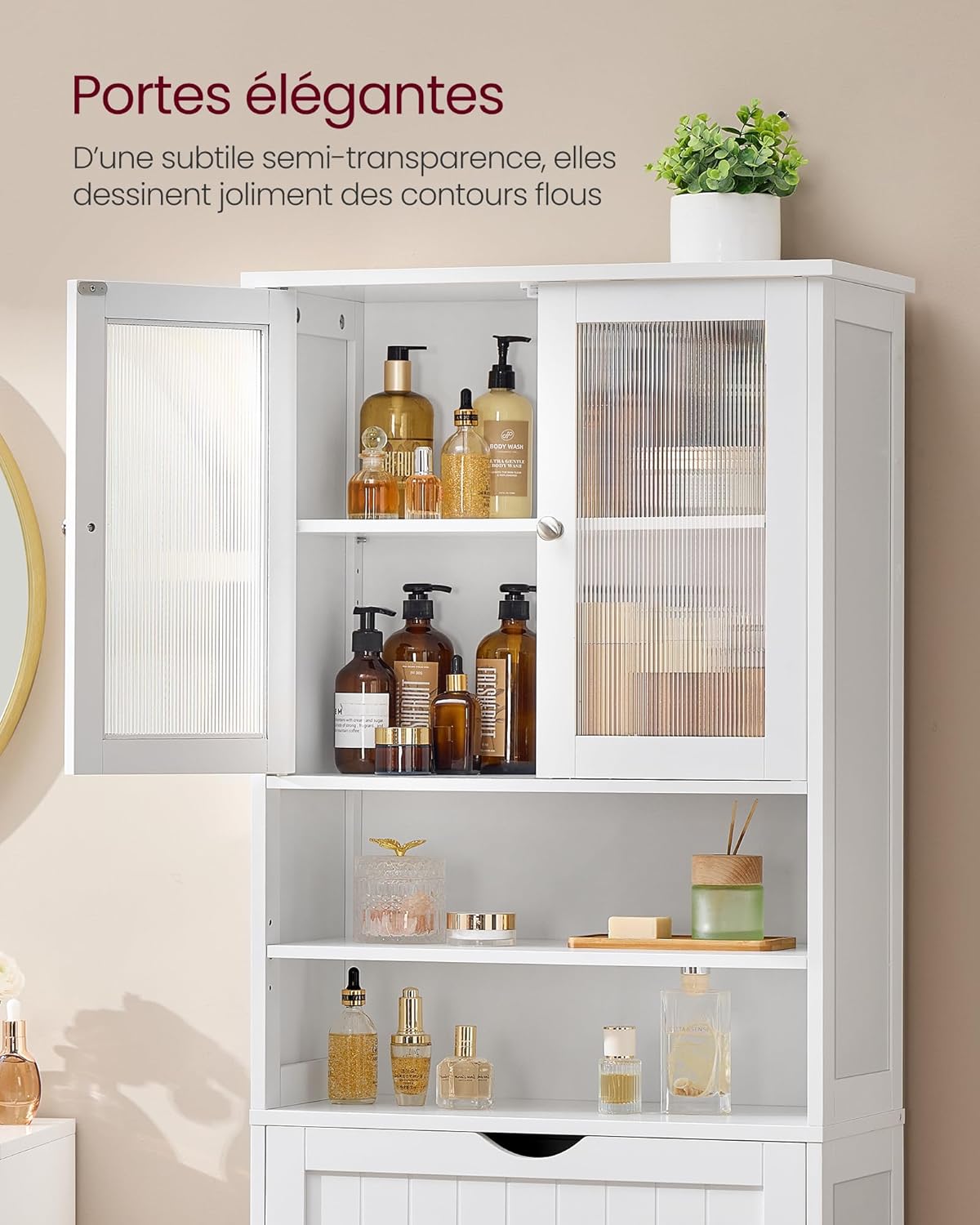 VASAGLE - Armoire salle de bain réglable, tiroir, blanc, 60x30x80cm BBC768W01