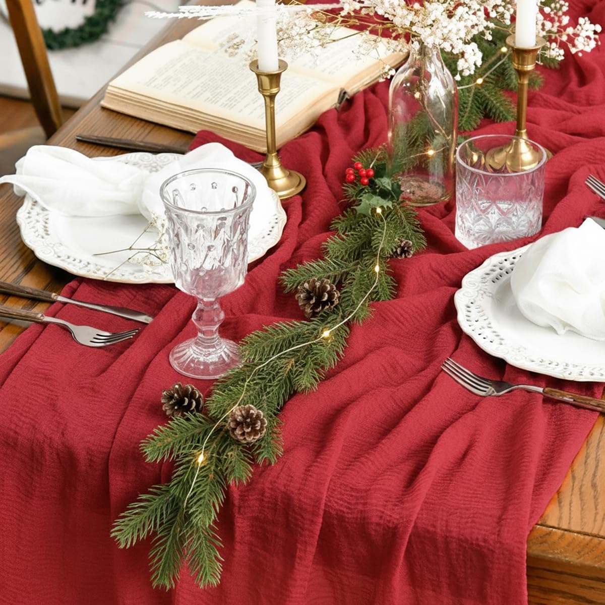 Artoid Mode - chemins de table bohême - 300 cm - mousseline rouge, lot de 6