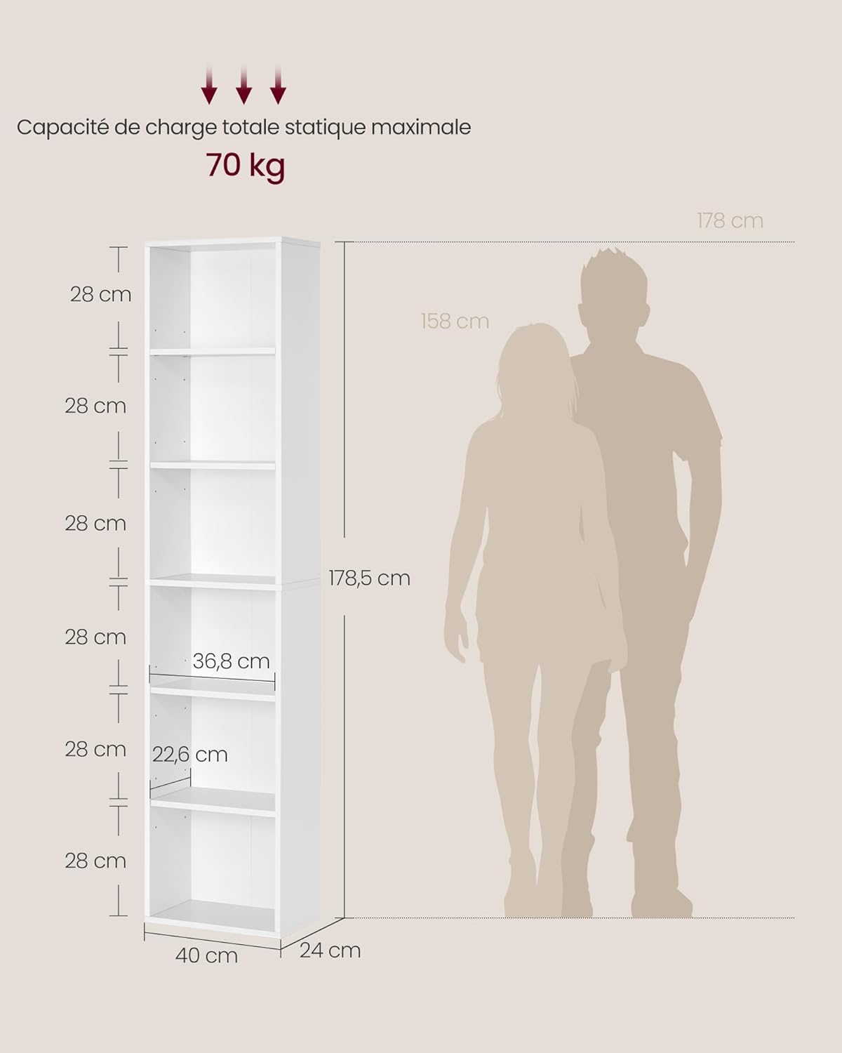 VASAGLE - étagère 6 niveaux - 24x40x178,5 cm - rangement ouvert, blanc LBC167T14