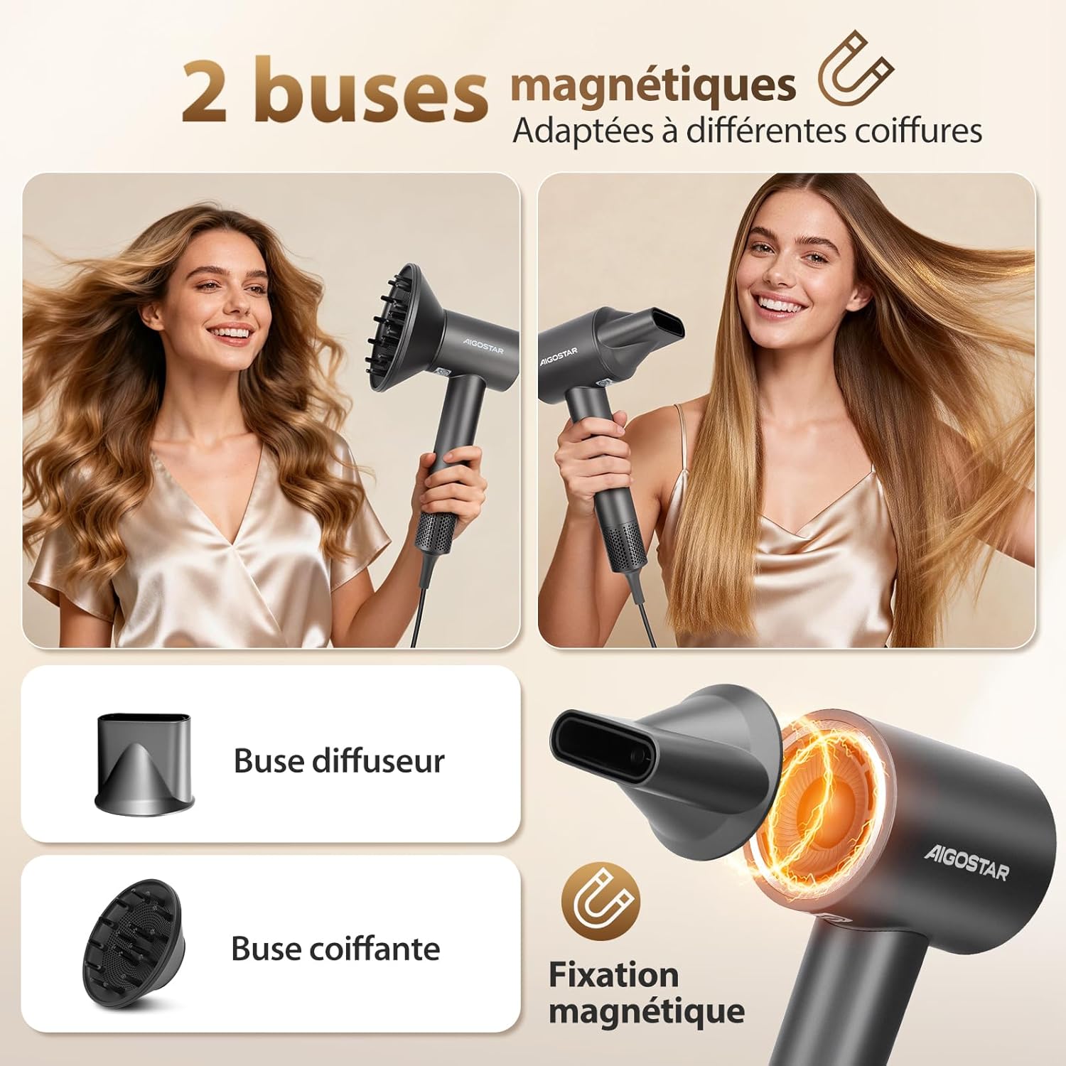 Aigostar - Sèche-cheveux BLDC léger, 450g, 200M ions, silencieux, 55dB, 110.000 tr/min