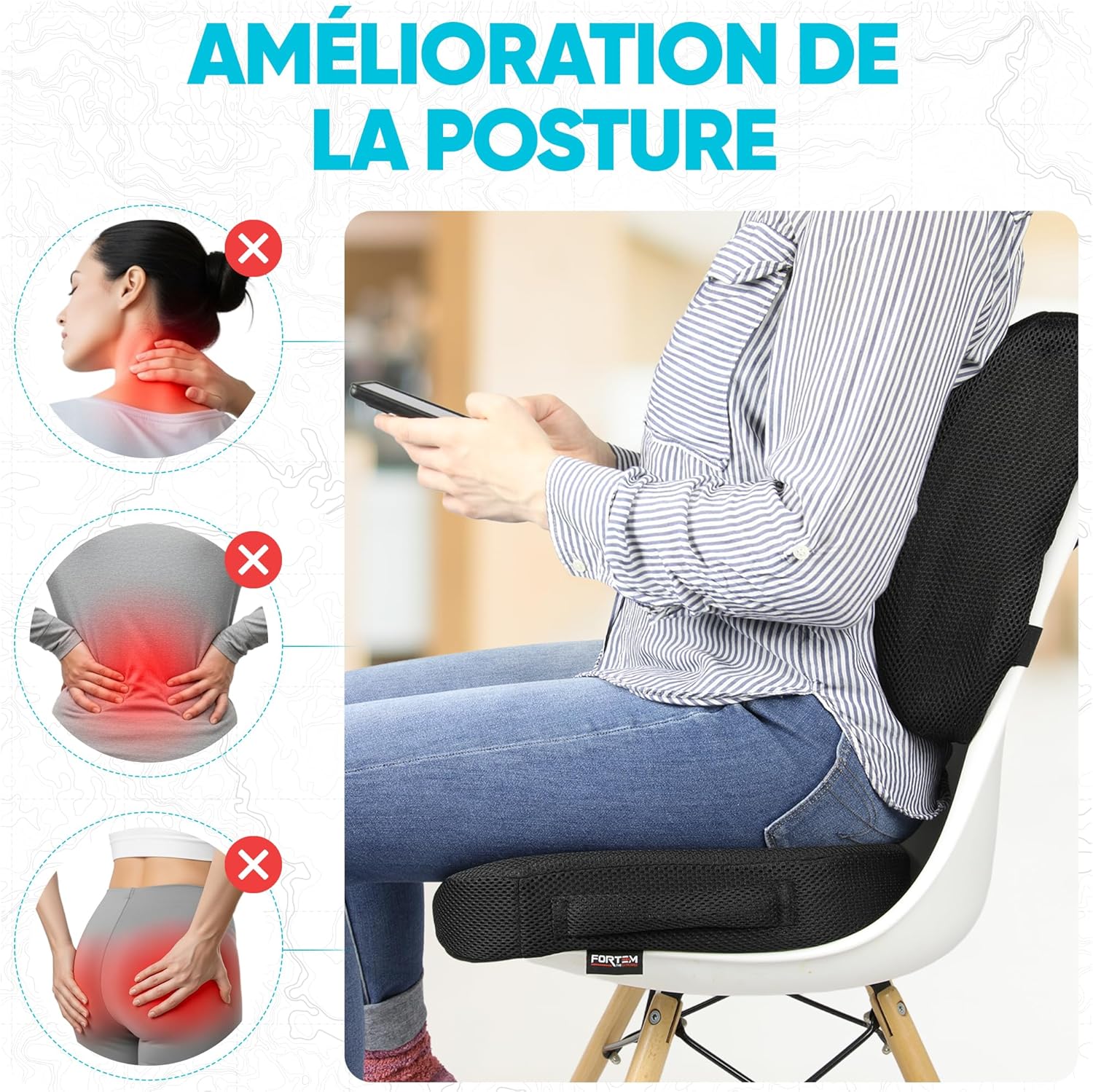 FORTEM - coussin lombaire et assise - mousse mémoire - antidérapant, soutien dos, confort prolongé