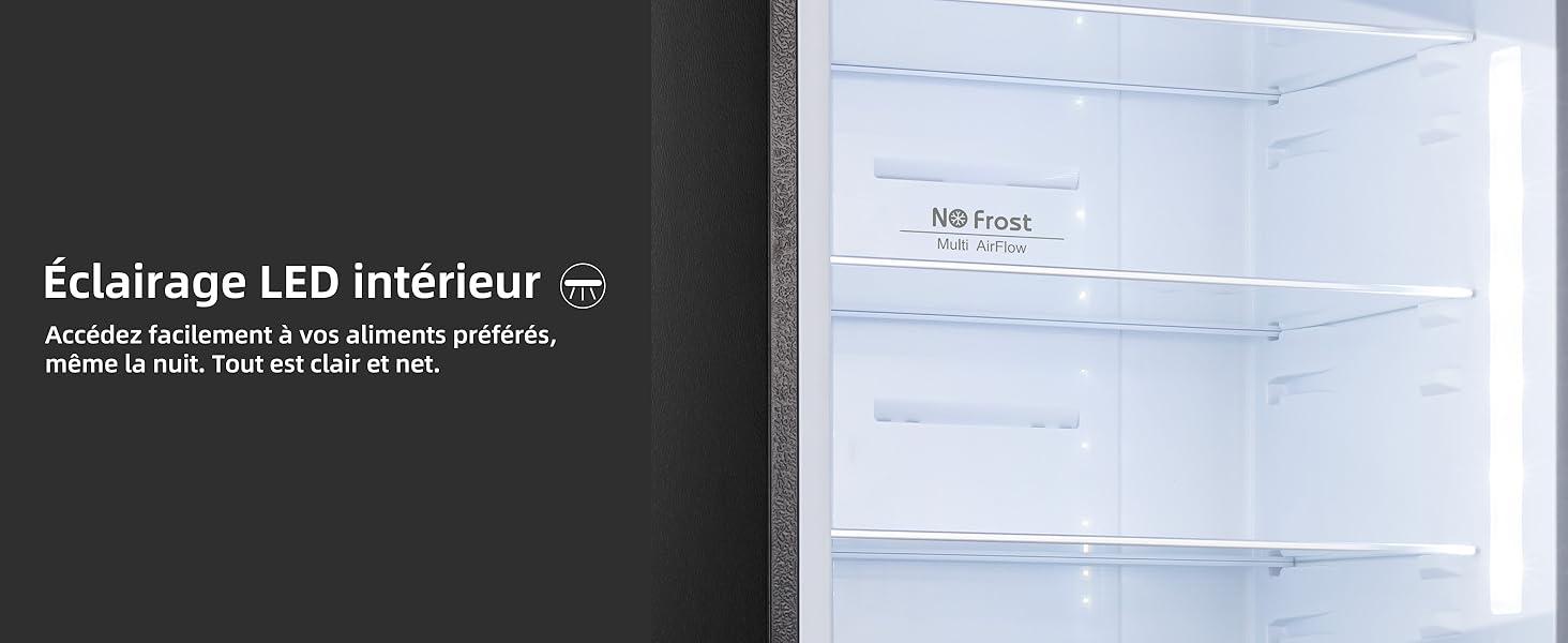 Intérieur d'un réfrigérateur avec étagères en verre transparent et éclairage LED. Le texte indique « Éclairage LED intérieur » (Éclairage LED intérieur)