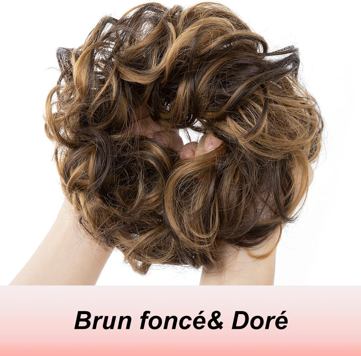 JJstar - Chignon Postiche bouclé/ondule, élastique, brun doré, cheveux synthétiques