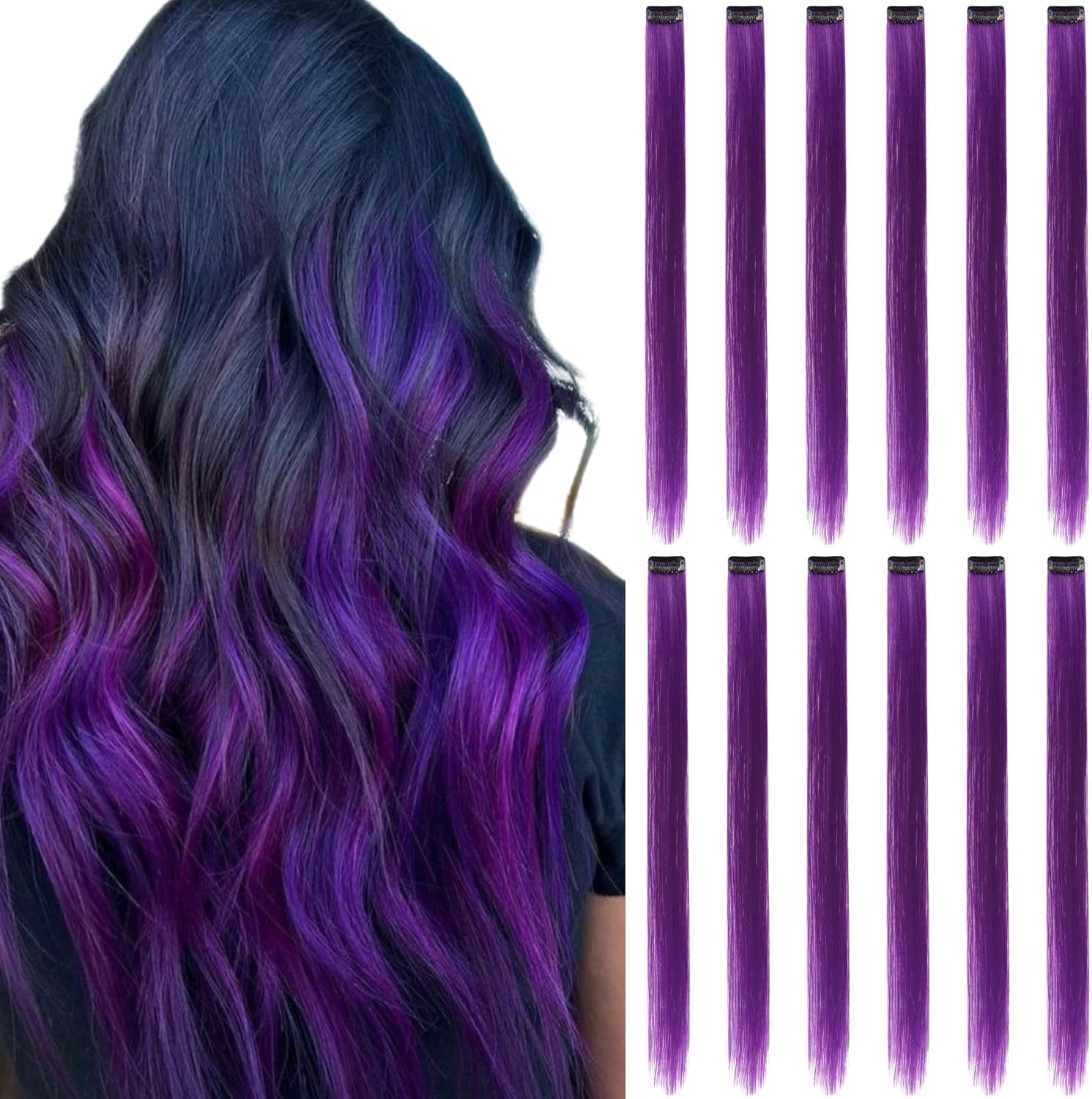 Extensions de cheveux - mèches colorées, 12 pièces, clips, Pourpre