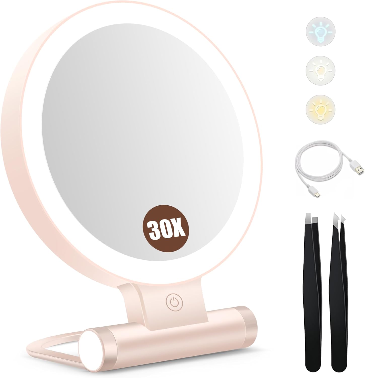 Miroir de maquillage pliable, grossissant 1X/30X, lumineux, 2000mAh