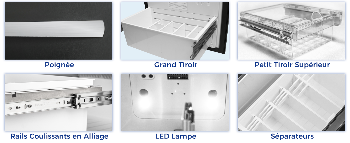 Le texte se lit comme suit : « Rails coulissants en alliage », « Lampe LED », « Séparateurs ». Schéma technique montrant les composants des tiroirs et les spécifications du système de rails.
