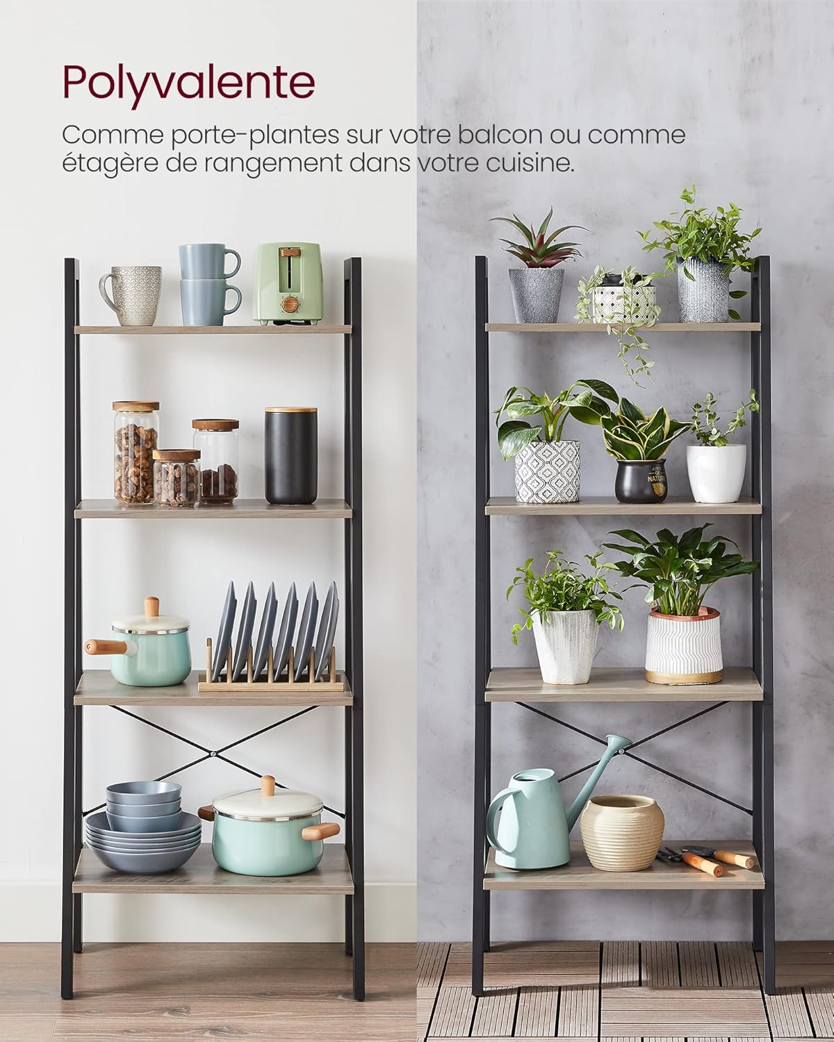 VASAGLE - étagère échelle bois/acier, 34x56x137,5 cm, gris/noir